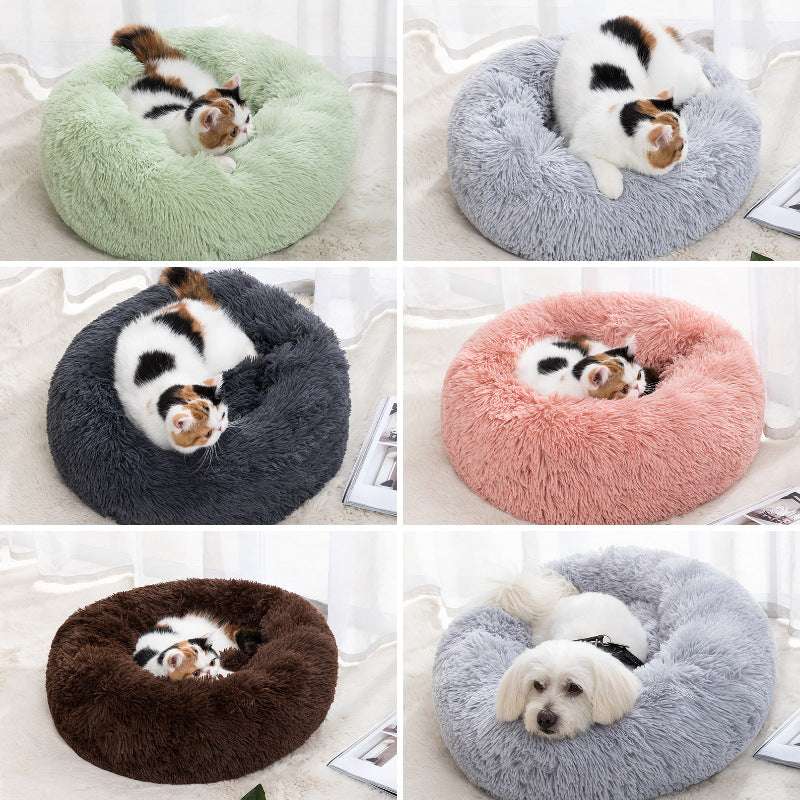Winter Warm Pet Bed for Cats & Dogs - Soft Plush Round Donut Bed