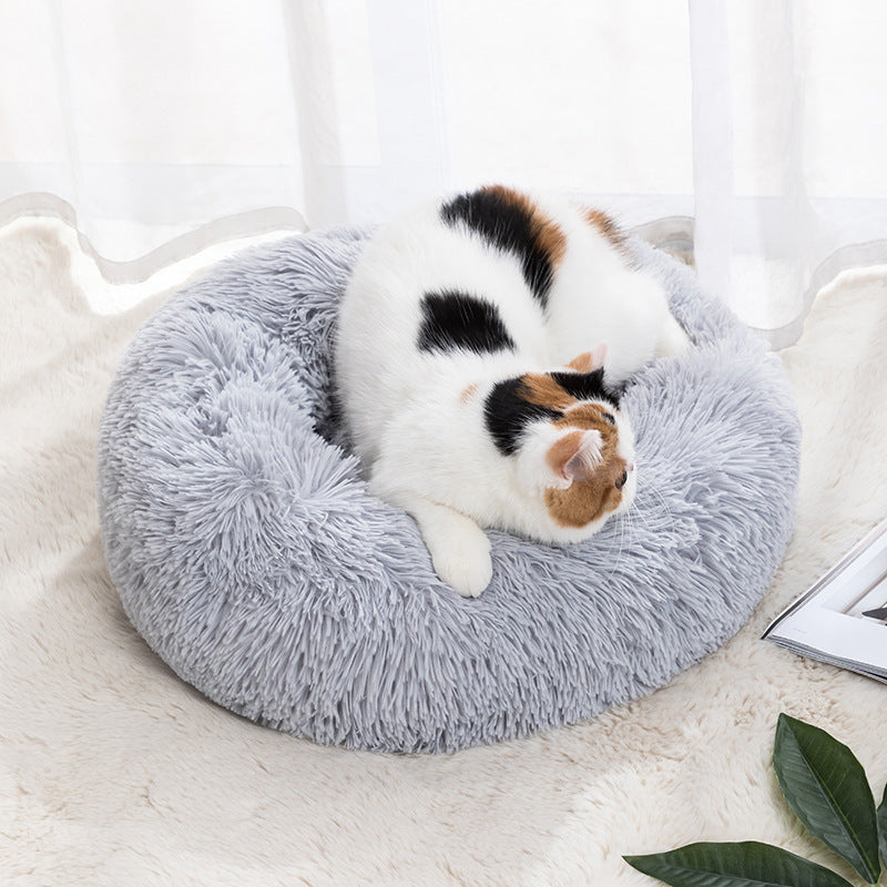Winter Warm Pet Bed for Cats & Dogs - Soft Plush Round Donut Bed