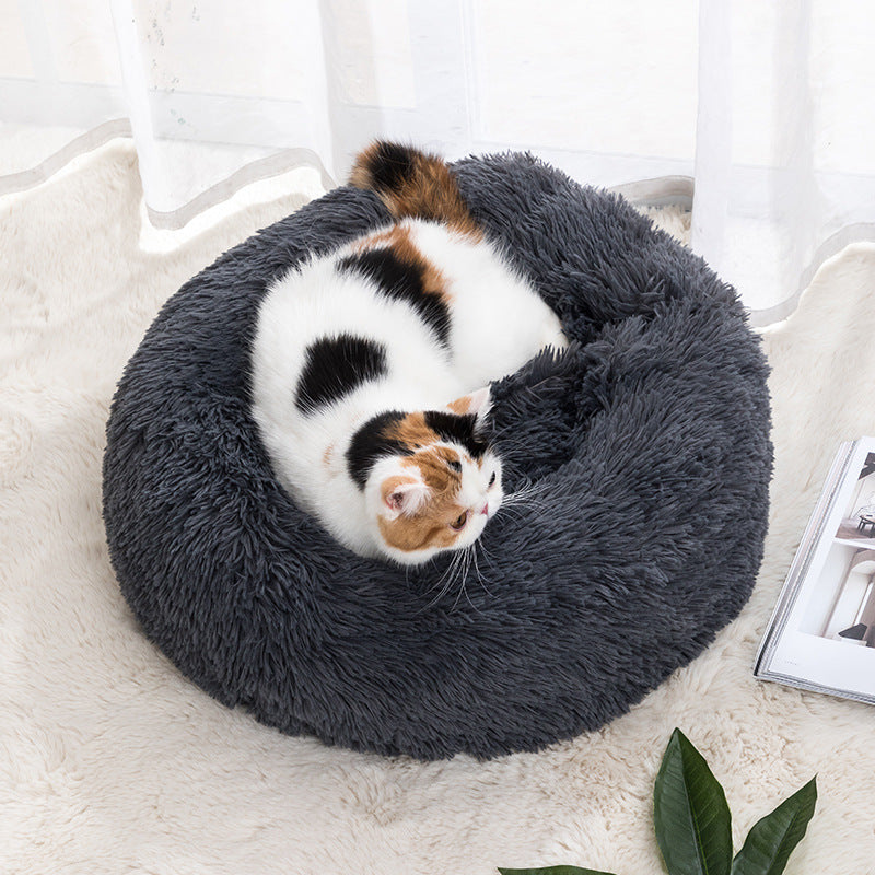 Winter Warm Pet Bed for Cats & Dogs - Soft Plush Round Donut Bed